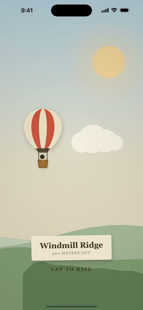 Loft — a striped hot-air balloon drifting between hills under a wide pale sky